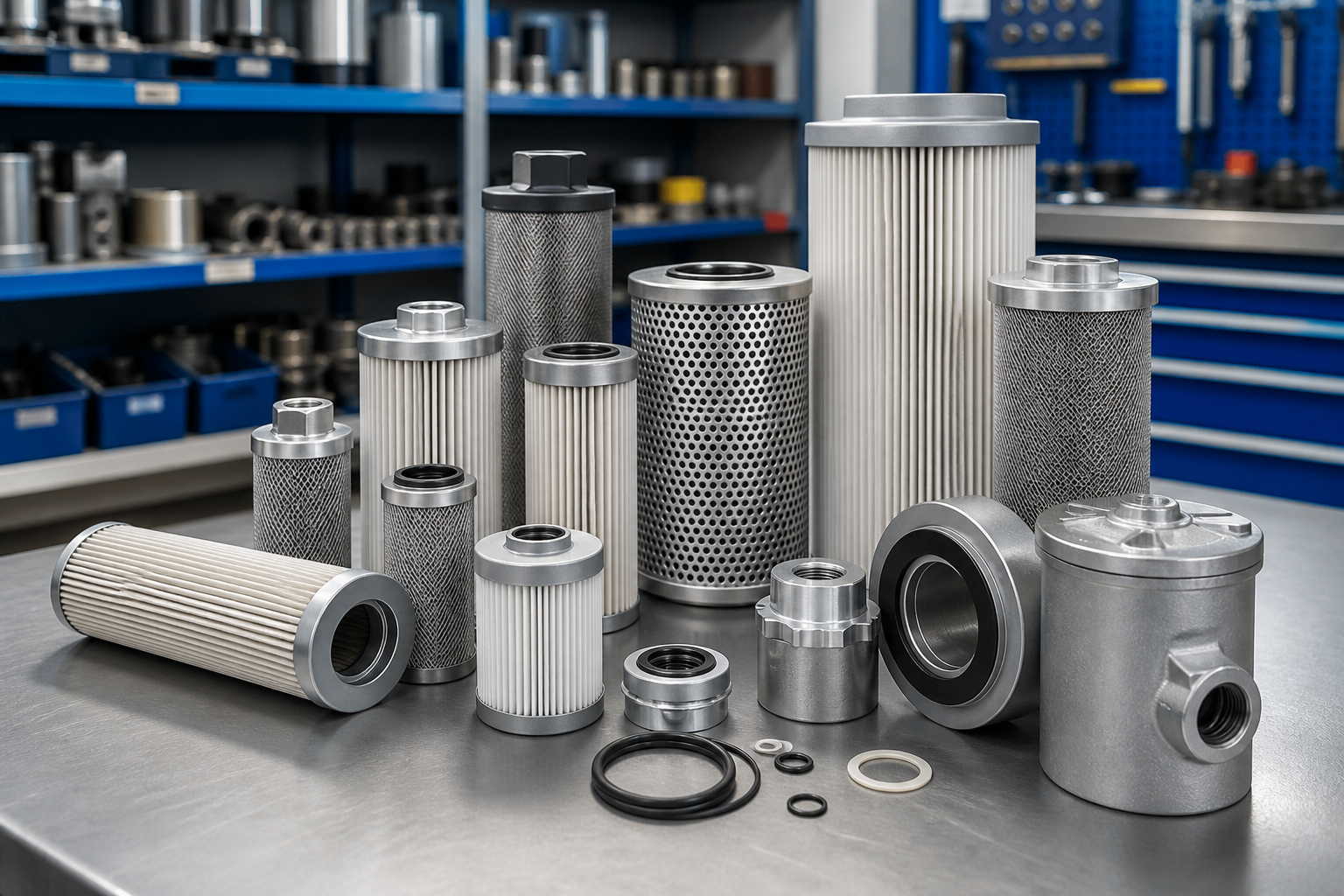 Industrial hydraulic filter elements organized by size and filtration rating