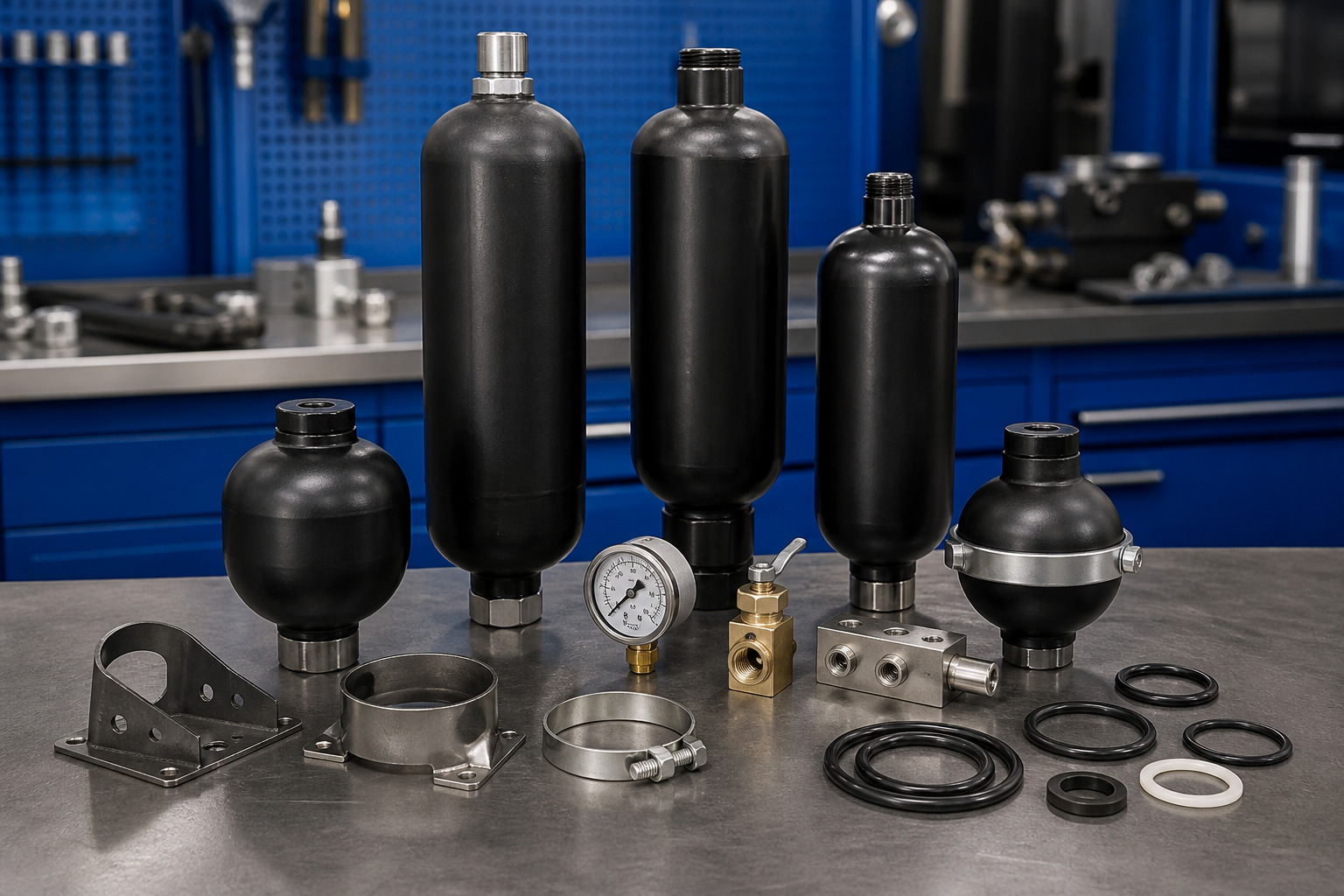 Hydraulic accumulators and charging accessories for industrial systems