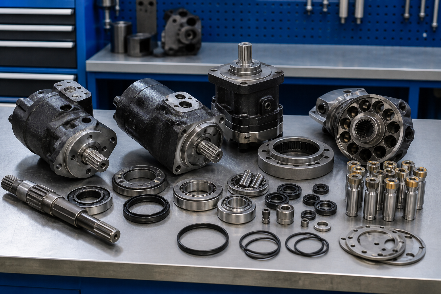 Hydraulic motors and replacement parts arranged for industrial procurement