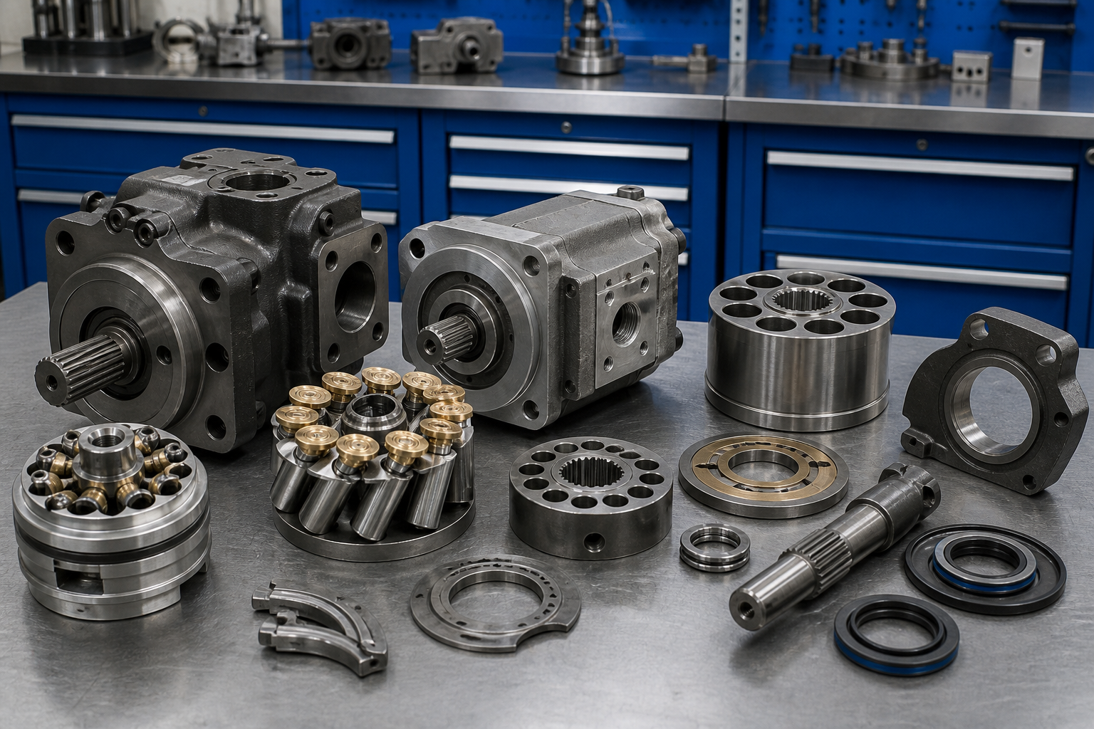 Hydraulic pumps and pump components prepared for industrial maintenance