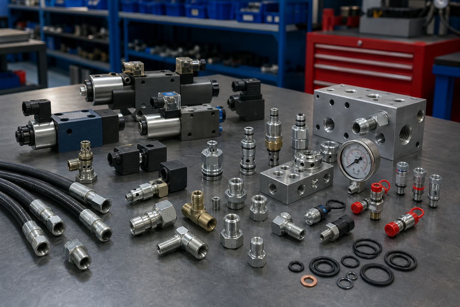 Assorted industrial hydraulic parts prepared for B2B spare parts procurement
